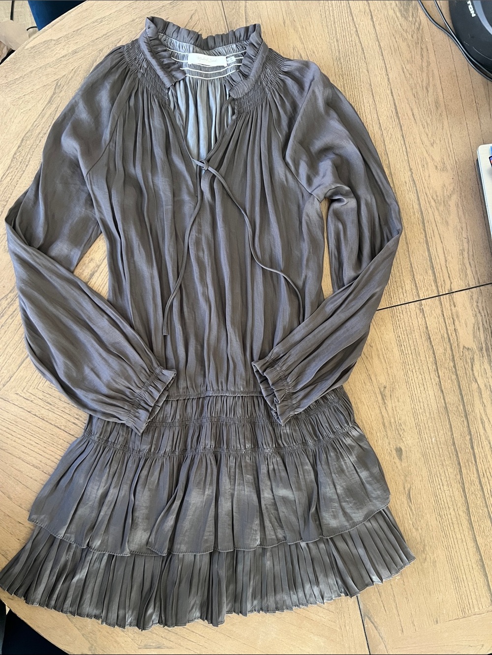 Womens Smocked Waist Long-Sleeve Pleated Dress